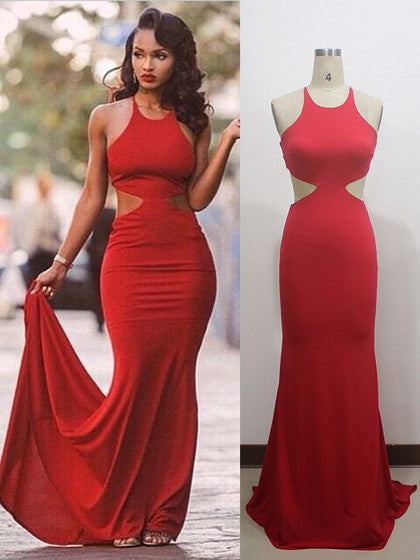 2024 Red Sheath Halter Lace Up Back Long Backless Prom Dresses