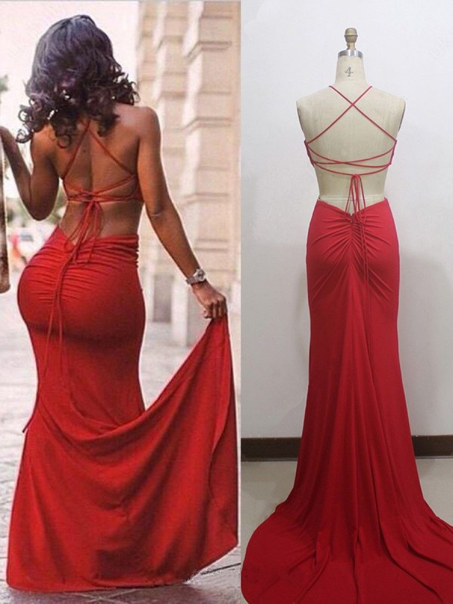 2024 Red Sheath Halter Lace Up Back Long Backless Prom Dresses