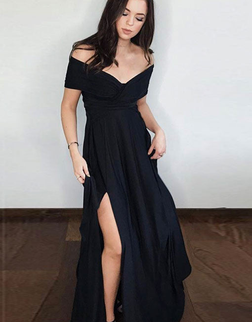 2024 New Arrival A Line Black Off Shoulder Side Slit Short Sleeves Prom Dresses