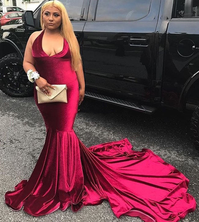 Amazing Mermaid Halter Velvet Red V Neck Plus Size Prom Dress