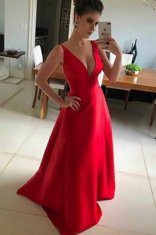 Cheap A Line Satin V Neck Red Long 2024 Prom Dress