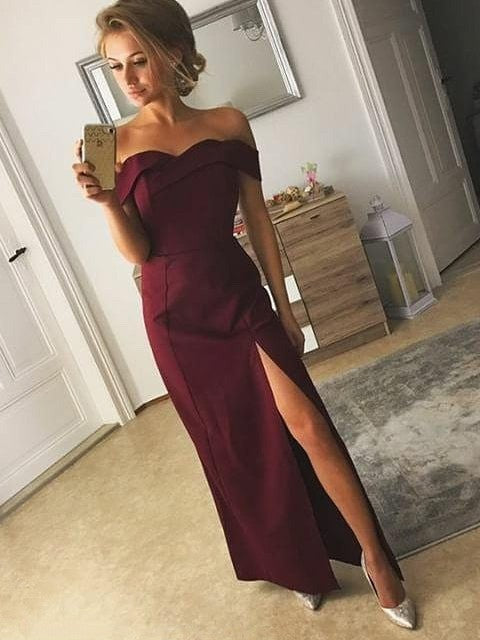 Grape Sheath Satin Off Shoulder Sweetheart Side Slit Cheap Prom Dress