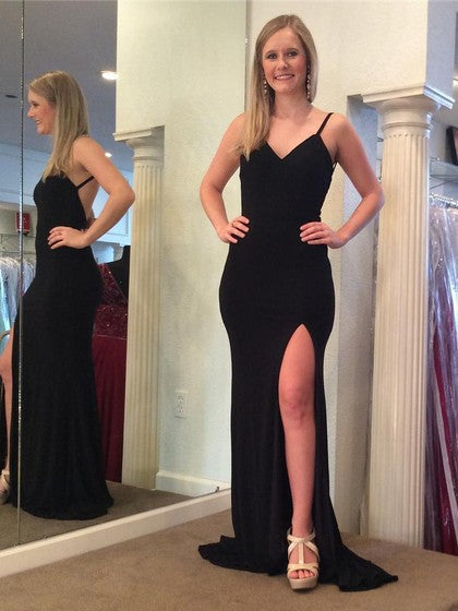 Cheap Black Sheath Backless Side Slit V Neck Prom Dress 2024