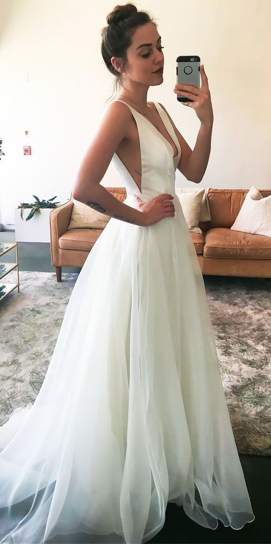 Cheap A Line White Deep V Neck Chiffon Long Prom Dress 2024