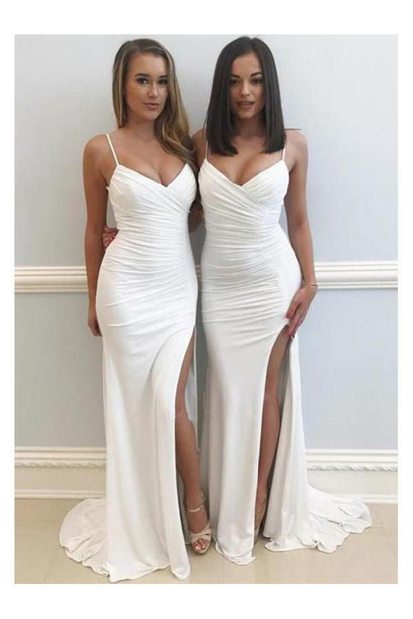 2024 Sexy Pleated White Sheath Sweetheart Chiffon Side Slit Prom Dress