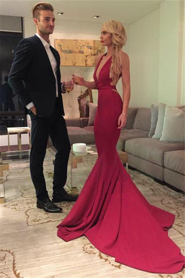 Sexy Red Mermaid Backless Satin V Neck Long 2024 Prom Dress