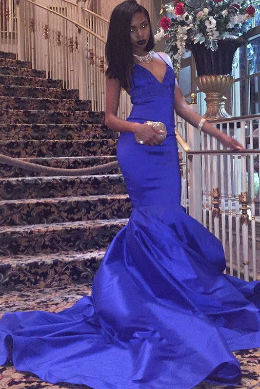 2024 Charming Satin Mermaid Royal Blue V Neck Backless Criss Cross Prom Dress