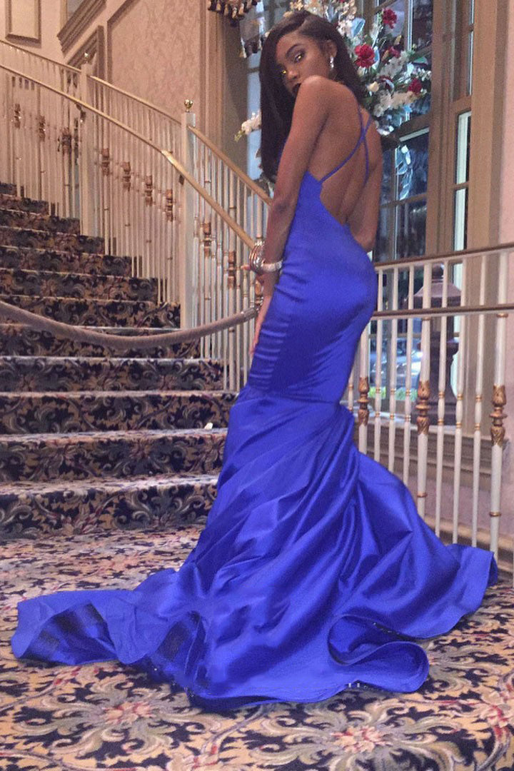 2024 Charming Satin Mermaid Royal Blue V Neck Backless Criss Cross Prom Dress