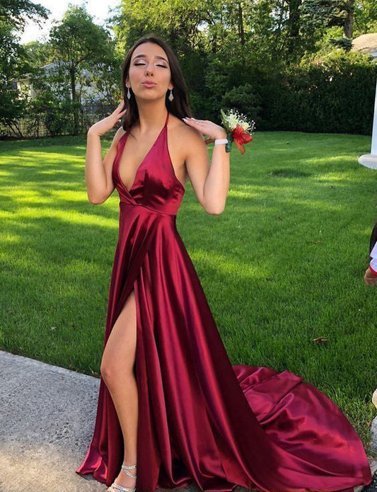 2024 Cheap A Line Burgundy Halter Side Slit V Neck Backless Prom Dress