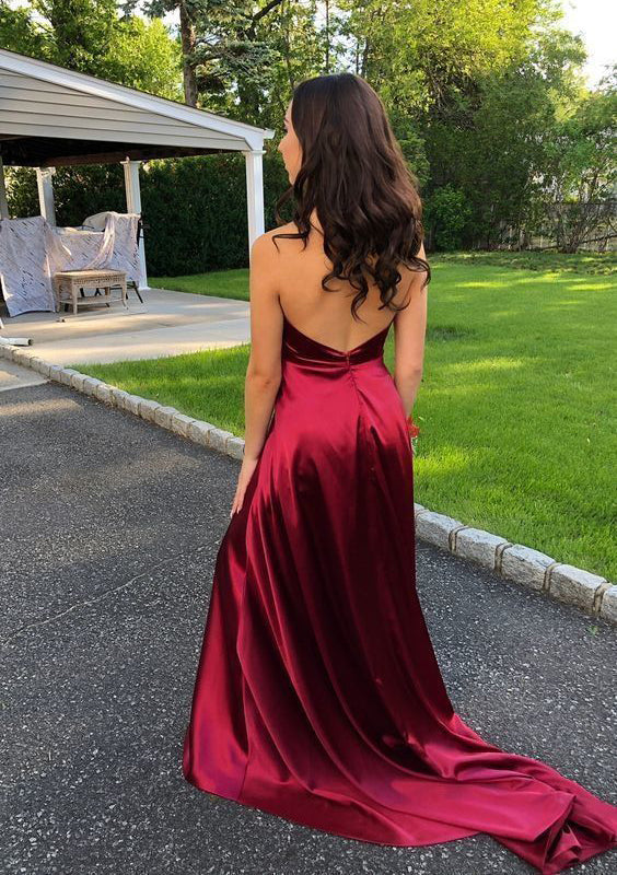 2024 Cheap A Line Burgundy Halter Side Slit V Neck Backless Prom Dress