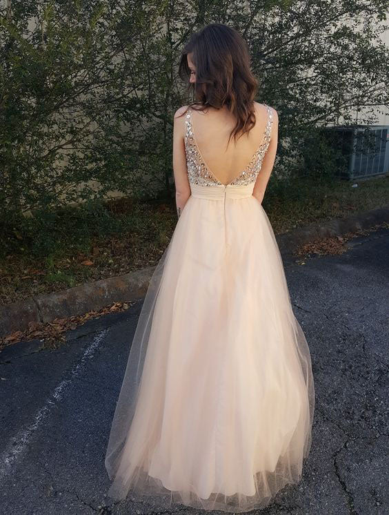 2024 A Line Cheap Tulle Peach Beaded Backless Long Prom Dress