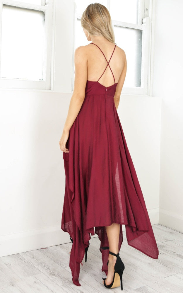 Cheap A Line Chiffon Burgundy Asymmetrical Criss Cross V Neck Short Prom Dress 2024