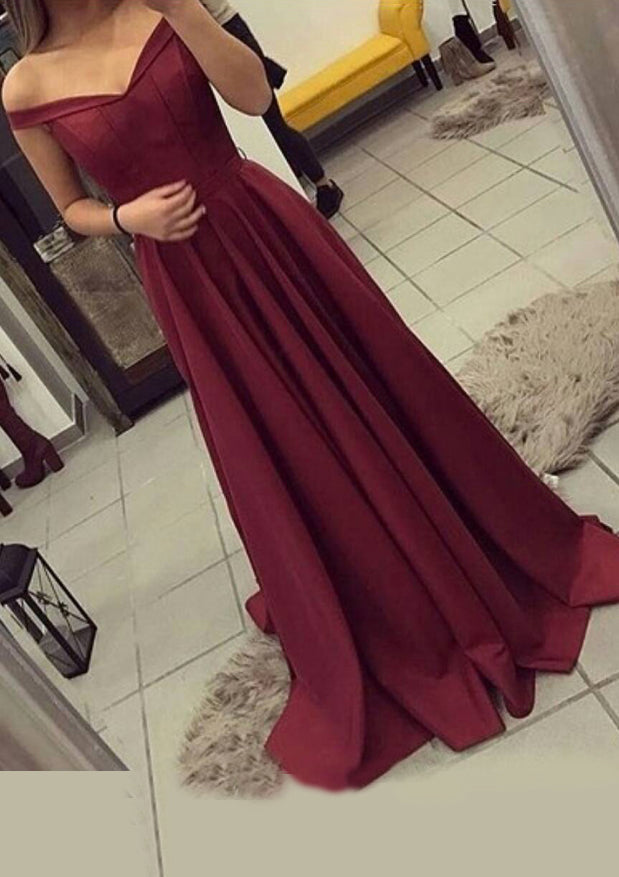 A Line Off Shoulder Sweetheart Pleated Ruffle Red Sweep Prom Dress