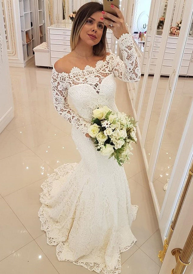 Lace Long Sleeve Beige Sweetheart Mermaid Off Shoulder Wedding Dresses