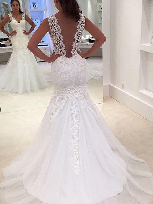 Backless Sexy Mermaid Sheer Straps Applique Tulle Layered Wedding Dresses