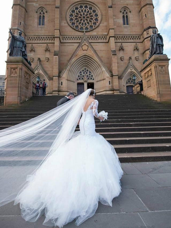 2024 Mermaid White V Neck Long Sleeves Tulle With Appliques Wedding Dresses