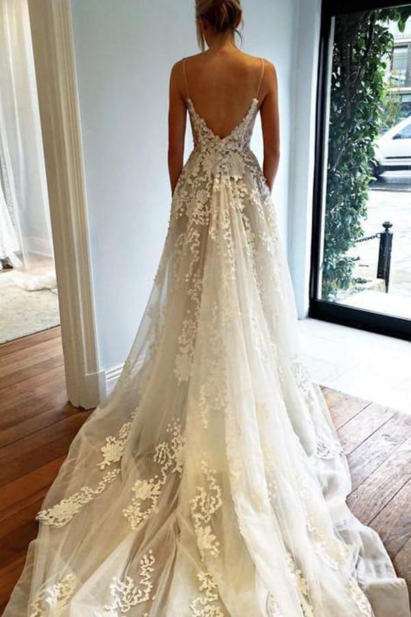 Backless V Neck Spaghetti Straps Royal Train Applique Tulle Wedding Dresses