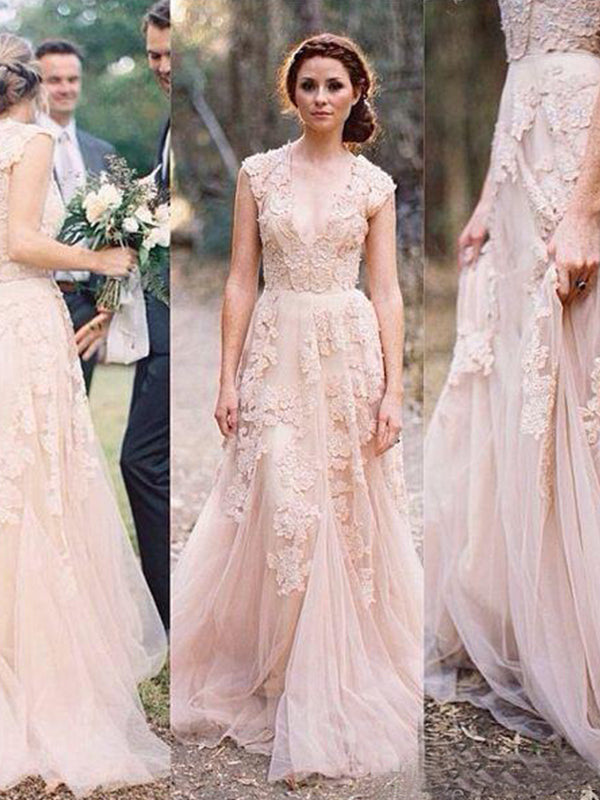 Natural V Neck Tulle Champagne Appliques Sleeveless Elegant Wedding Dresses