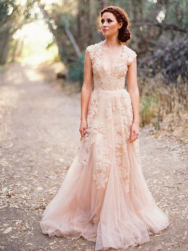 Natural V Neck Tulle Champagne Appliques Sleeveless Elegant Wedding Dresses