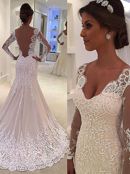 Sheer Long Sleeve Beige V Neck Sweetheart Mermaid Chapel Train Backless Wedding Dresses