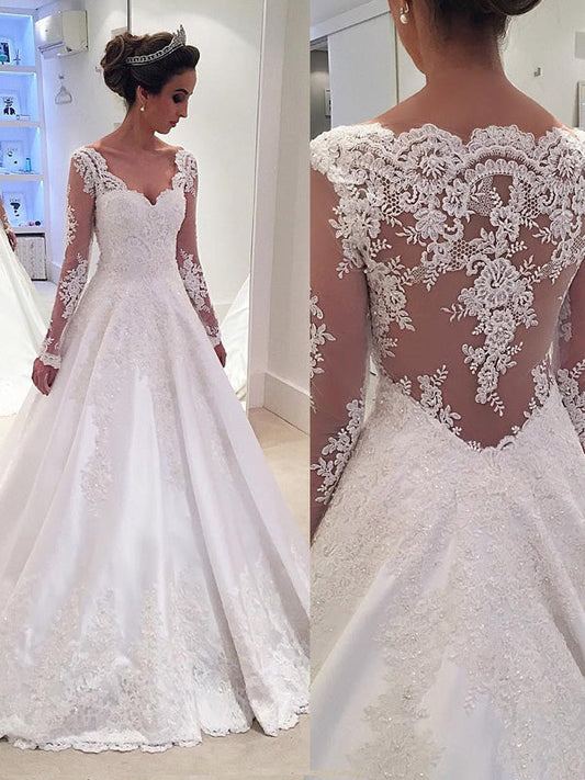 Backless Lace Applique A Line White V Neck Long Sleeve Wedding Dresses