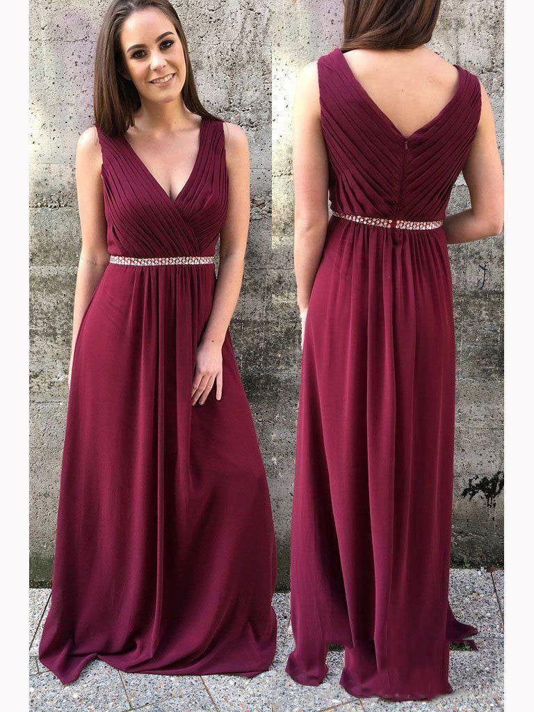 2024 Burgundy Sheath/Column V Neck Sleeveless Pleated Beaded Chiffon Prom Dresses