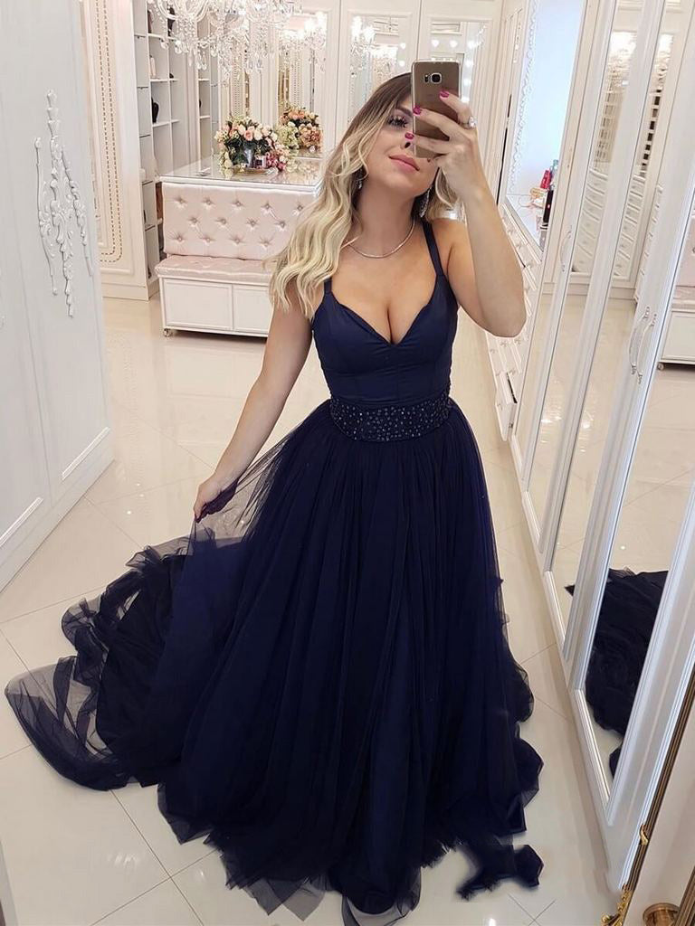 2024 Glamorous Dark-Navy V Neck Regular Straps Tulle Beaded Sleeveless Plus Size Prom Dresses