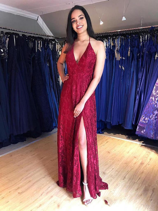 2024 Glamorous Red Sheath/Column Lace Halter V Neck Sleeveless Backless Split-Front Prom Dresses