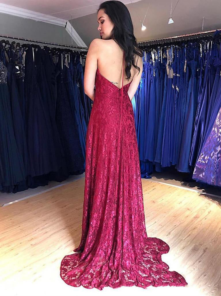 2024 Glamorous Red Sheath/Column Lace Halter V Neck Sleeveless Backless Split-Front Prom Dresses