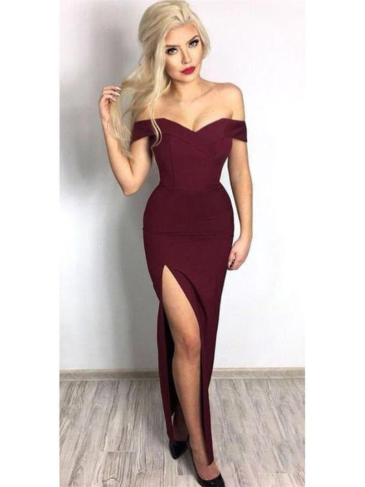 2024 Intellective Burgundy Sheath/Column Off-The-Shoulder Sweetheart Split-Front Prom Dresses