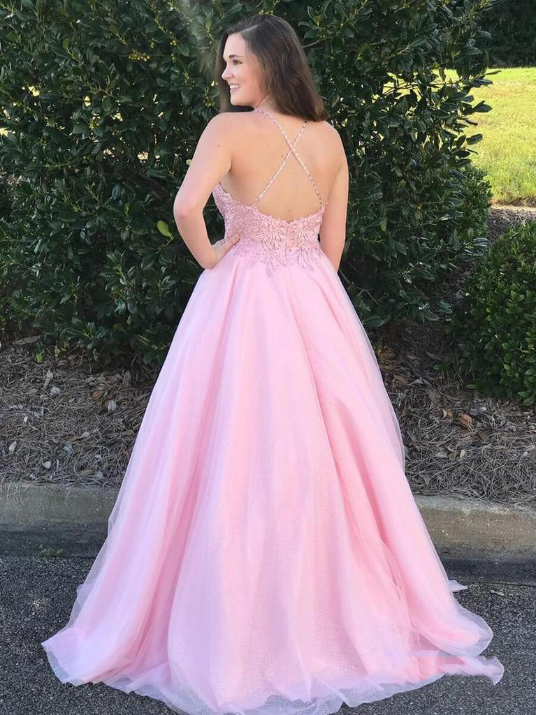 2024 Sweet Pink A-Line V Neck Sleeveless Backless Applique Criss Cross Chiffon Prom Dresses