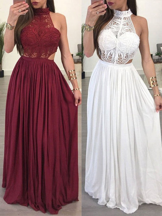 2024 Burgundy White Lace High Neck Sleeveless Sheath/Column Chiffon Prom Dresses