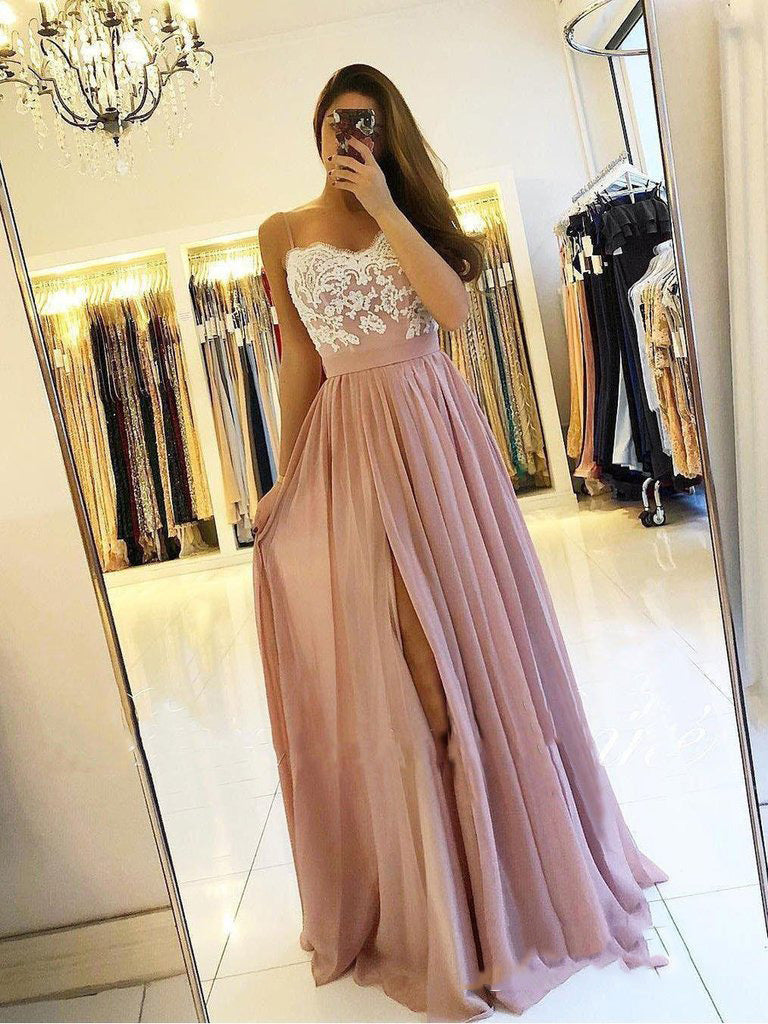 2024 Brilliant Dusty-Rose Lace Sweetheart Sleeveless Applique Split-Front Chiffon Botton Prom Dresses