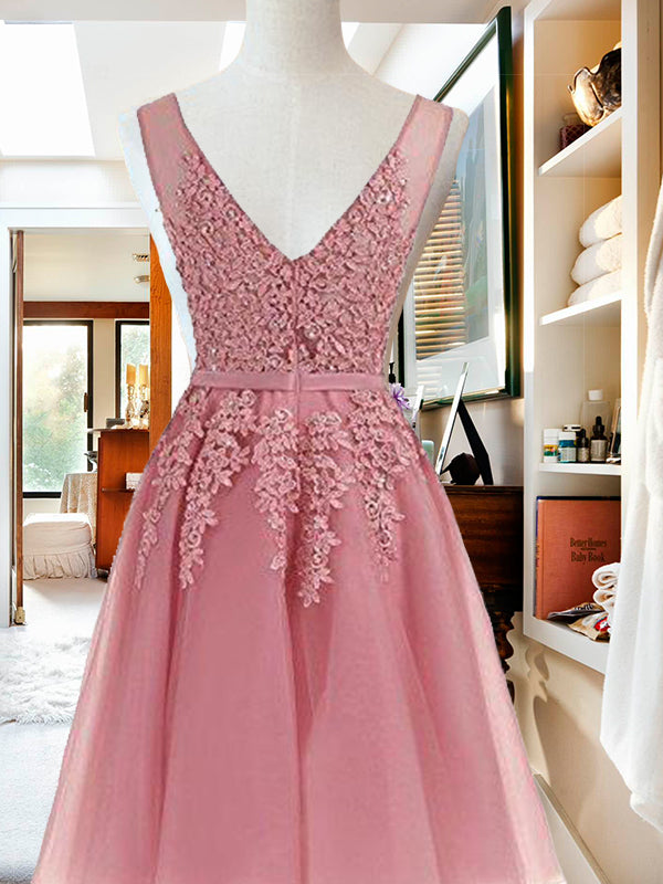 V Neck Sleeveless Applique Tulle Beading Homecoming Dresses