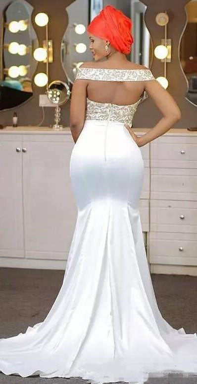 2024 Mermaid Wedding Dresses Satin Off Shoulder Embroidery Backless Long Bridal Gowns