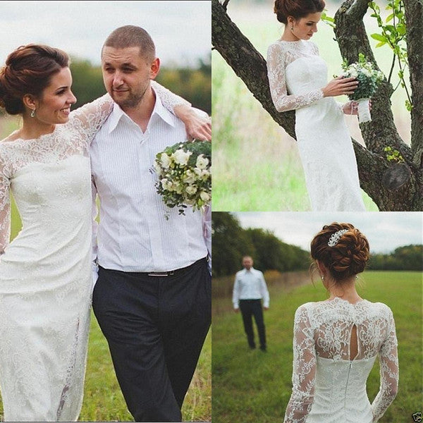 2024 Cheap Wedding Dresses Sheath Long Sleeves Floor Length Long Side Slit Lace Bridal Gowns