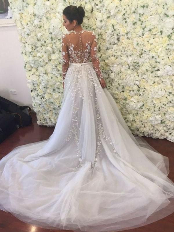 2024 Princess A-Line Wedding Dresses Long Sleeves Tulle With Floral Long Bridal Gowns