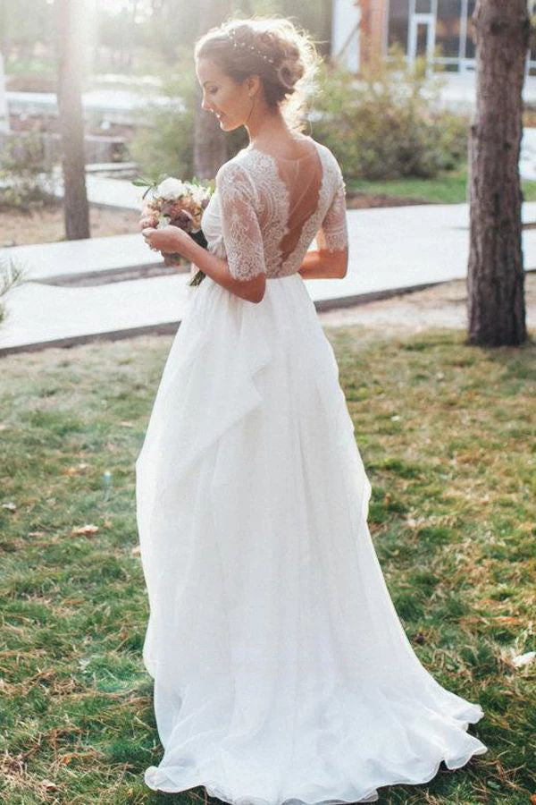 2024 Princess A-Line Wedding Dresses New Arrival Chiffon Long Sleeves V-Neck Lace Bridal Gowns