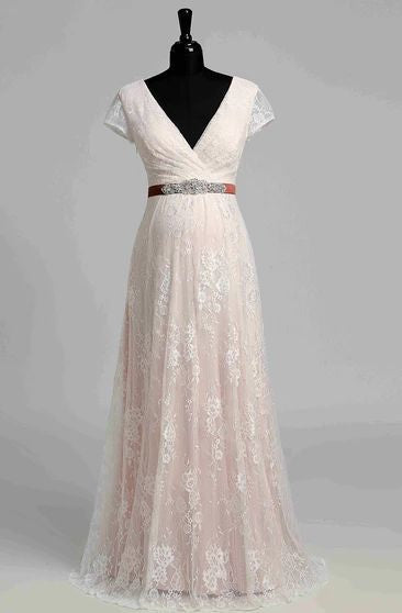 2024 Princess A-Line Wedding Dresses New Arrival V-Neck Capped Sleeves Blushing Pink Lace Maternity Bridal Gowns With Belt