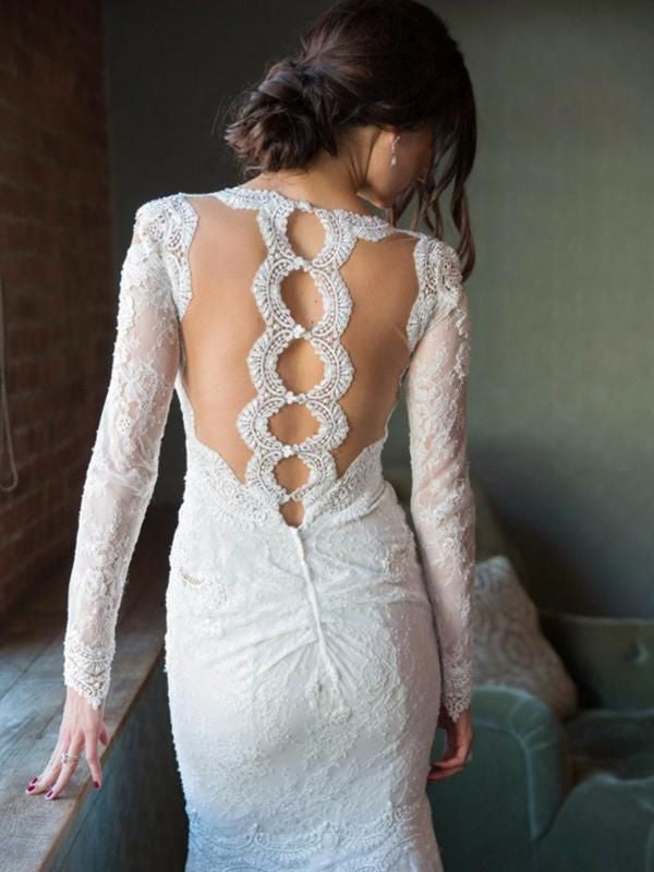 2024 White Wedding Dresses Long Sleeves Sheath Lace V-Neck See Through Back Bridal Gowns