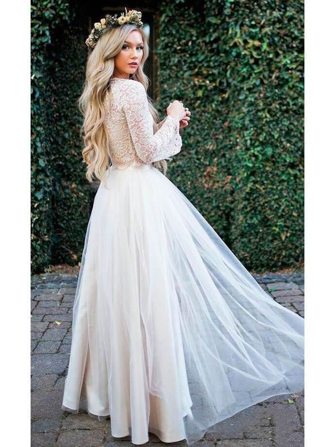 2024 Princess A-Line Wedding Dresses New Arrival Long Sleeves Champagne Tulle Lace Bridal Gowns