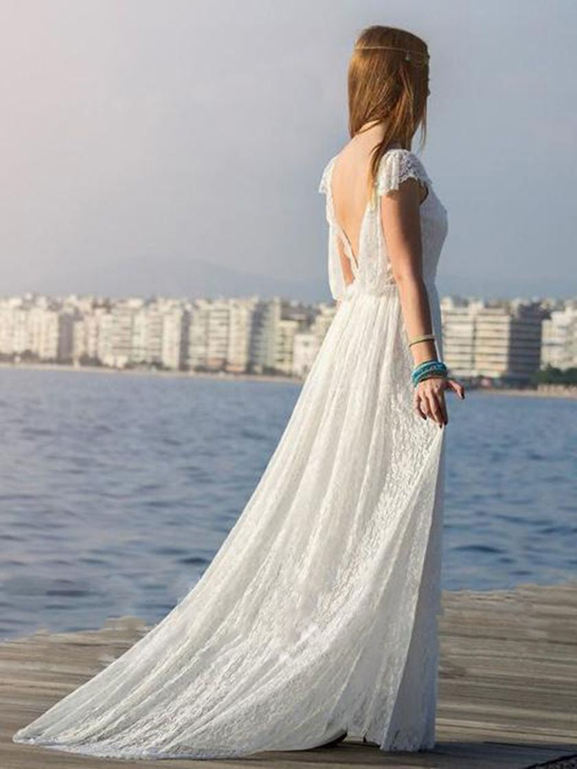 2024 Cheap Wedding Dresses Princess A-Line Lace V-Neck Capped Sleeves Backless Beach Bridal Gowns