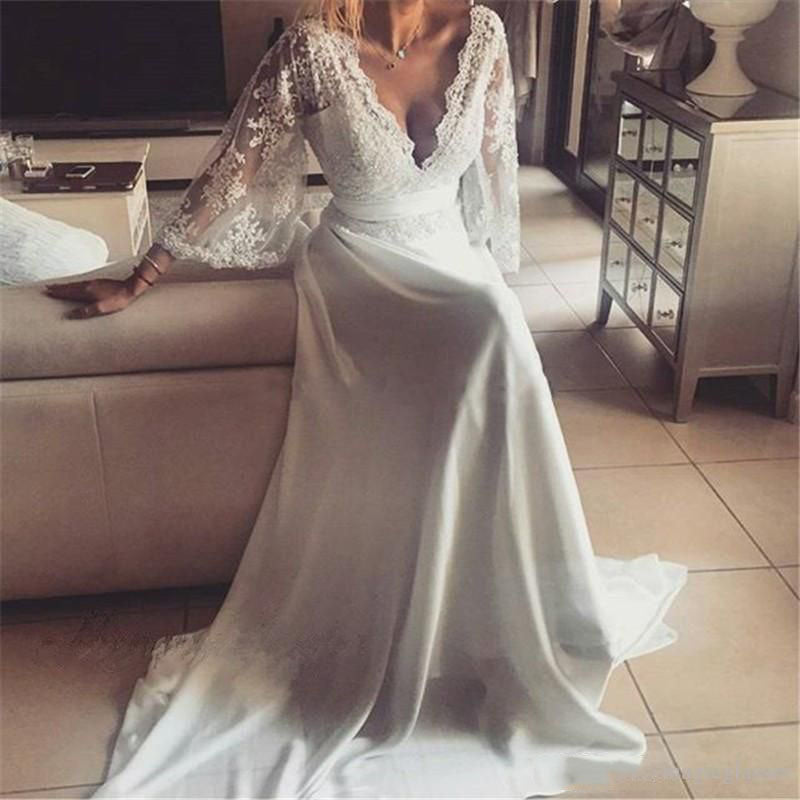 2024 Cheap Wedding Dresses Princess A-Line Chiffon V-Neck Lace Long Sleeves Backless Beach Bridal Gowns