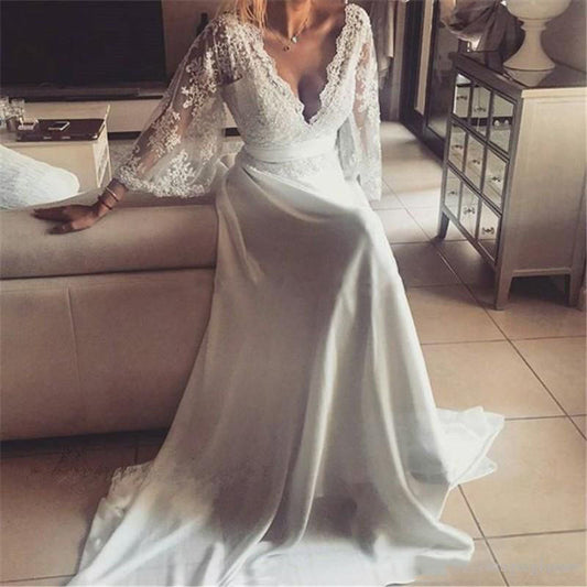 2024 Cheap Wedding Dresses Princess A-Line Chiffon V-Neck Lace Long Sleeves Backless Beach Bridal Gowns