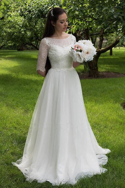 2024 Cheap Wedding Dresses Princess A-Line Chiffon Half Sleeves Sweetheart Bateau Lace Bridal Gowns