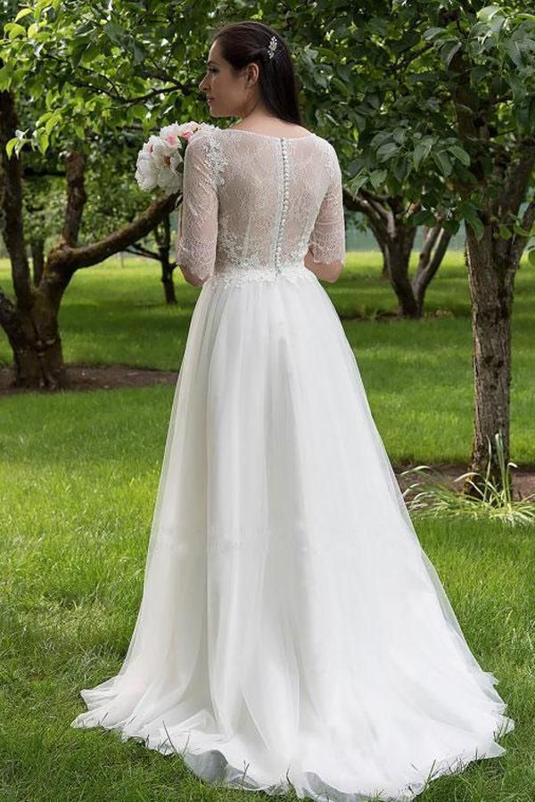 2024 Cheap Wedding Dresses Princess A-Line Chiffon Half Sleeves Sweetheart Bateau Lace Bridal Gowns