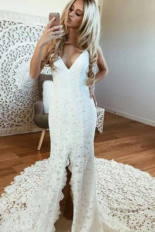 2024 Sheath Column Wedding Dresses Side Slit V-Neck Backless Lace Beach Bridal Gowns