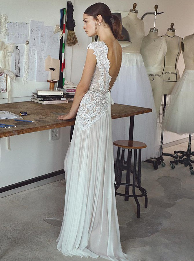 2024 Cheap A-Line Wedding Dresses V-Neck Chiffon Lace Backless Beach Hot Sale