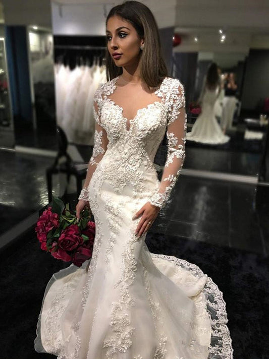 2024 Mermaid Newly Wedding Dresses Long Sleeves See Through Back Sweetheart