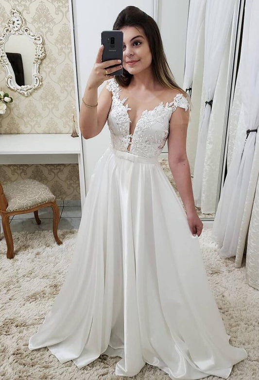 2024 New Arrival Wedding Dresses A-Line Satin Capped Sleeves Open Front Beach With Appliques